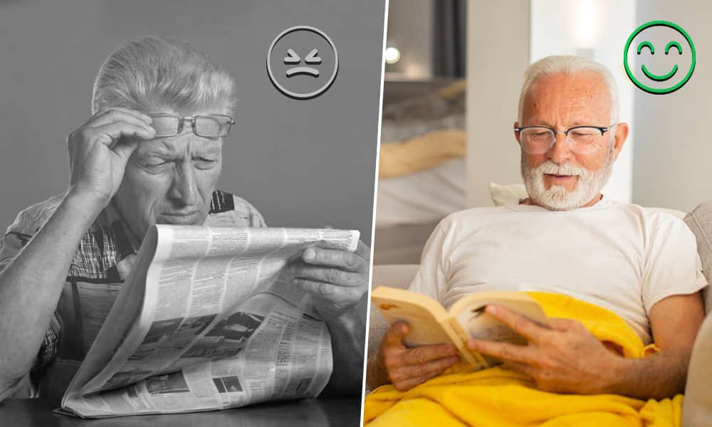A man squinting at a newspaper, beside the same man reading comfortably in glasses
