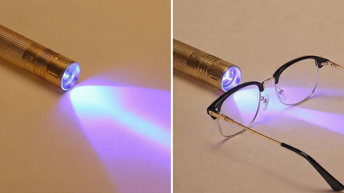 A UV torch shining onto a surface, then the same torch blocked by the lens of the glasses