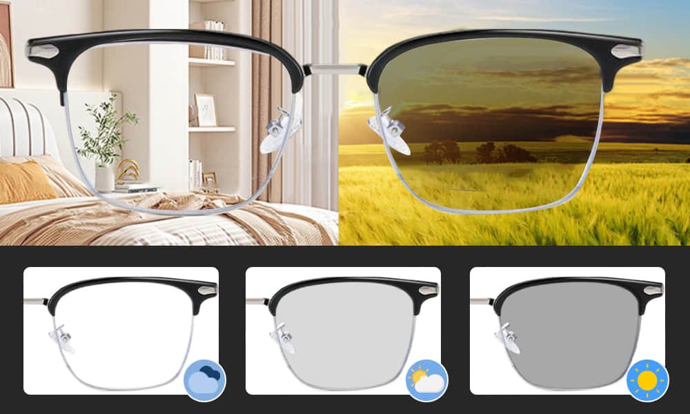 Three lens states showing progressive tinting from clear to dark