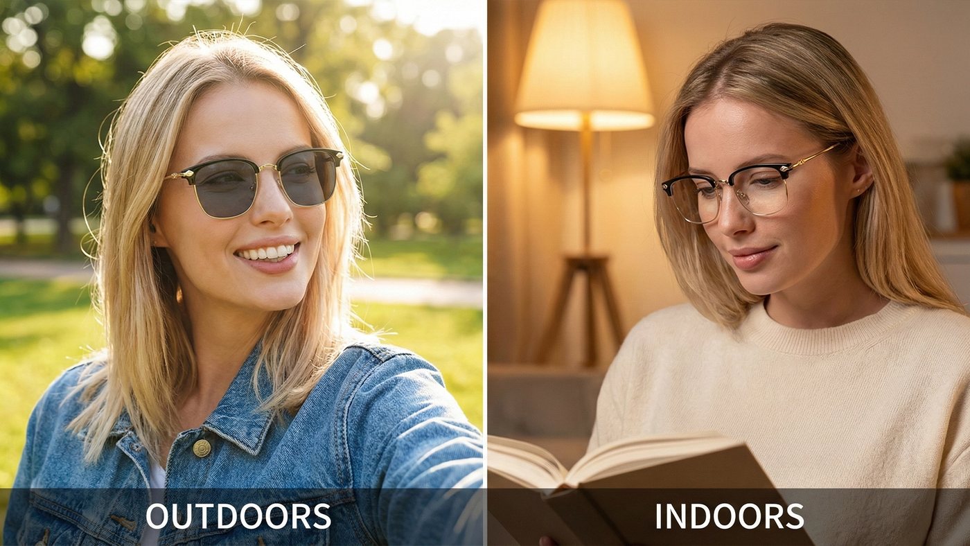 The same glasses tinted dark outdoors and clear indoors while reading