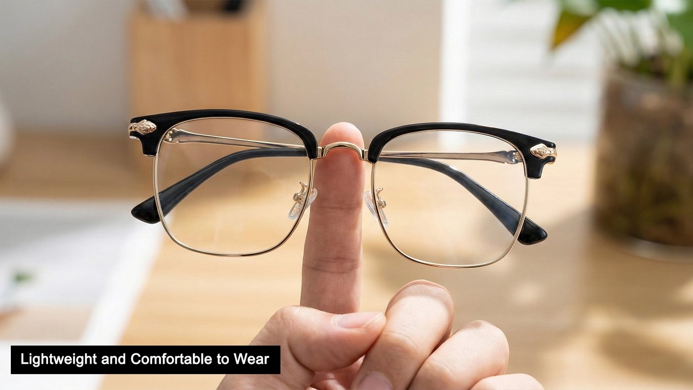 The glasses balanced on a single fingertip to show how light they are