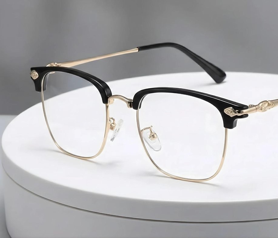 Multi-focal reading glasses with a black acetate brow and gold metal rim